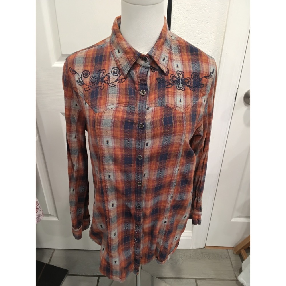Lola P Plaid Western Shirt Embroidered Tapestry Back Mixed Media Boho Orange S